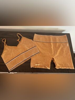 Free People Movement Ribbed Two-Piece Crop Top and Bike Shorts Set - Mustard